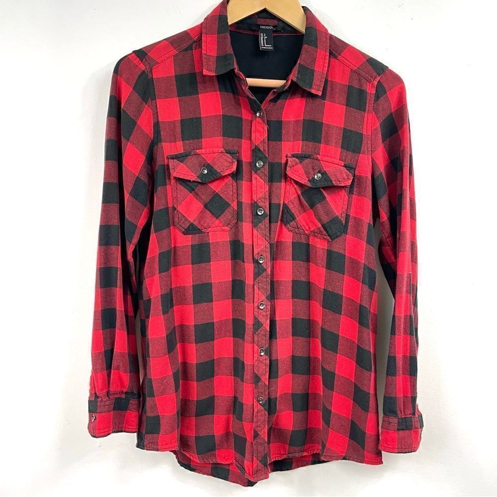 Forever21 plaid Long sleeve Button down S red / black unisex